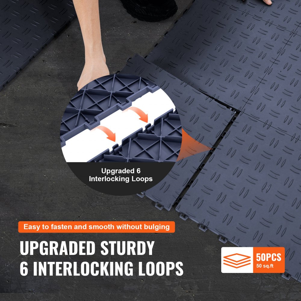 Graphite gray interlocking garage floor tiles, 50-pack, with upgraded 6-loop system.