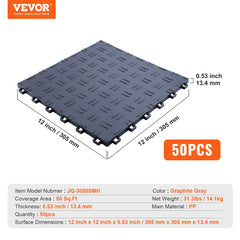 Pack of 50 graphite gray interlocking garage floor tiles, each 12x12 inches, covering 50 sq ft.