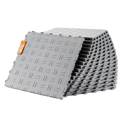 Silver interlocking garage floor tiles, 12x12 inches, 25 pack, with a textured surface.