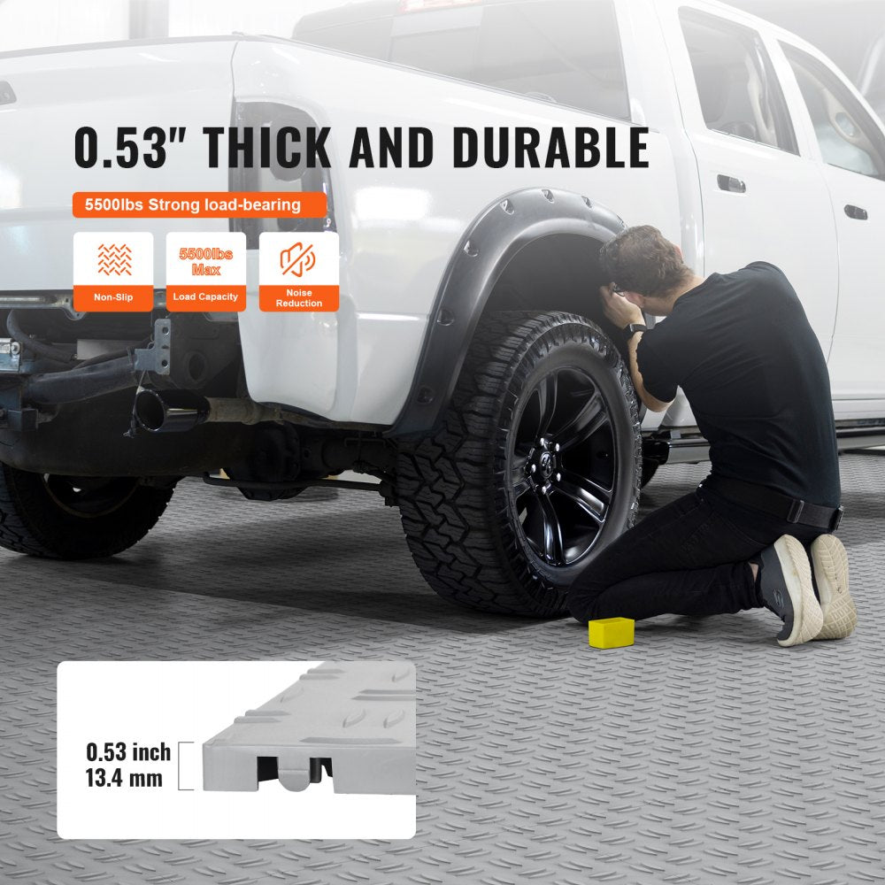 Silver interlocking garage floor tiles, 12x12 inches, with a textured waterproof surface.