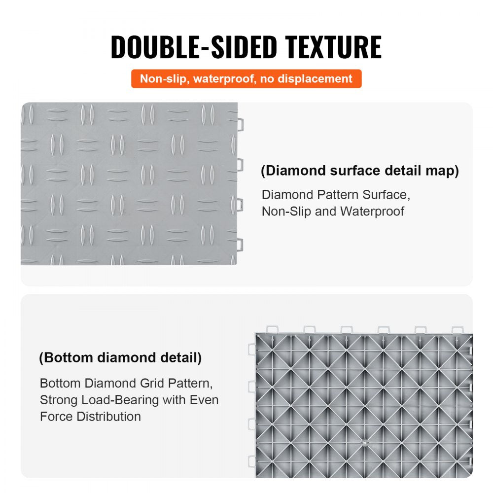 Silver interlocking garage floor tiles, 12x12 inches, with a textured surface for traction.