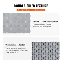 Silver interlocking garage floor tiles, 12x12 inches, with a textured surface for traction.