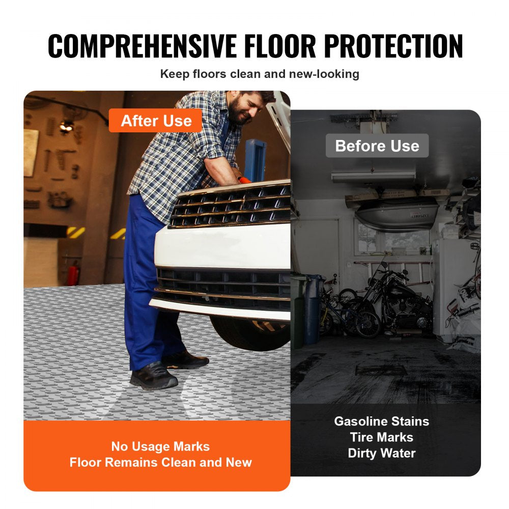 Silver interlocking garage floor tiles, 12x12 inches, with a textured waterproof surface.