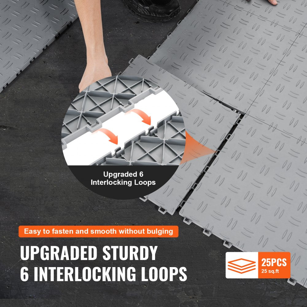 Silver interlocking garage floor tiles, 12x12 inches, with a textured, waterproof surface.