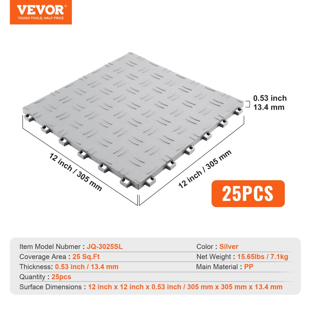 Silver interlocking garage floor tiles, 12x12 inches, with a textured waterproof surface.