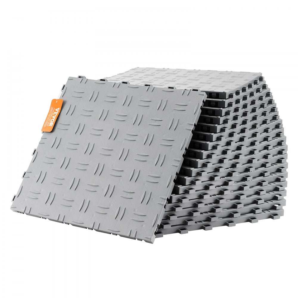 Silver interlocking garage floor tiles, 12x12 inches, with a textured waterproof surface.