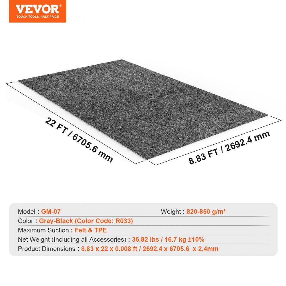 Gray-black TPE waterproof garage floor mat, 8'10" x 22' roll, with felt top and dimensions shown.