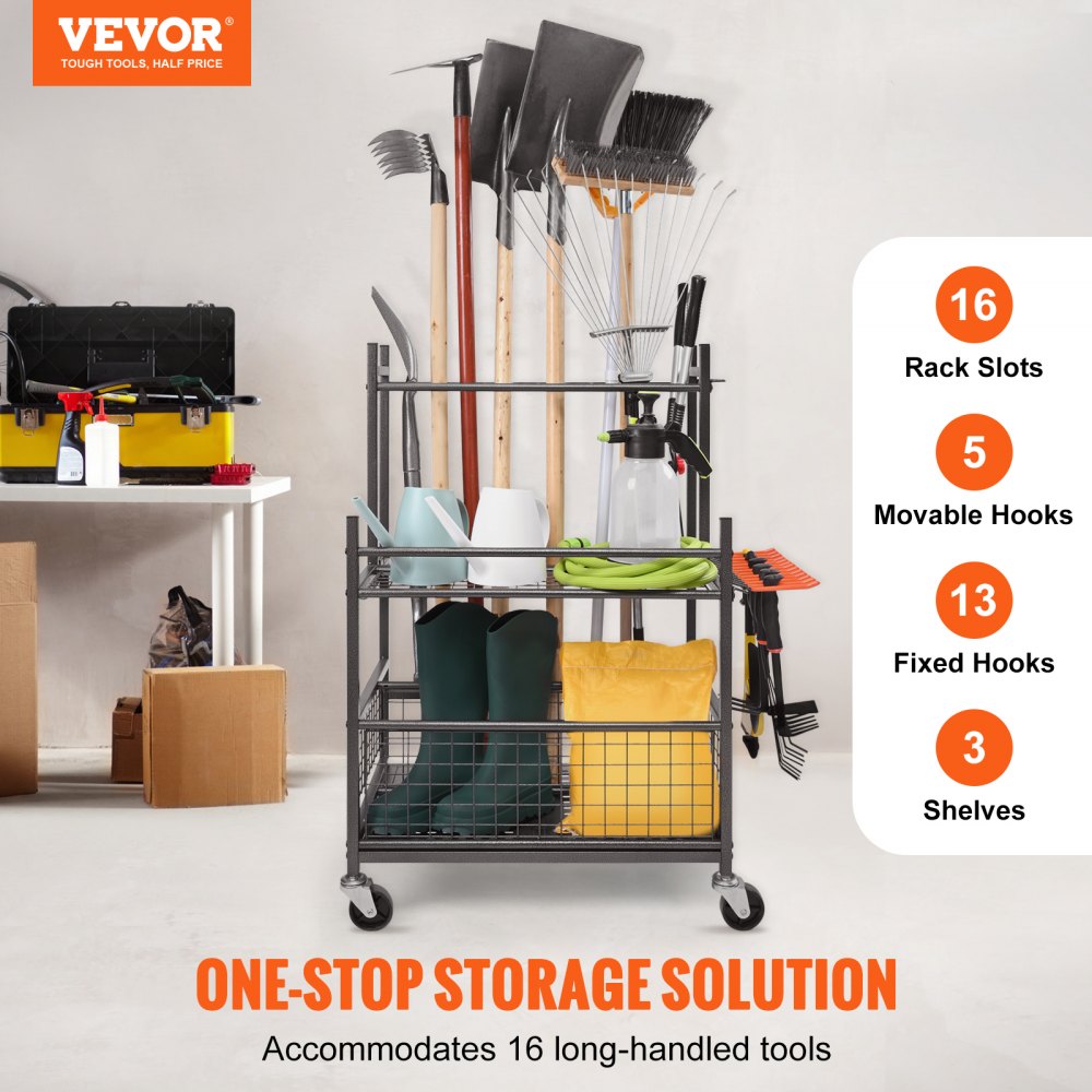 Garden Tool Organizer, 16 Slots with Hooks, Yard Tool Tower Rack with Wheels for Garage Organization and Storage, Hold Long-Handled Tool/Rake/Broom, Metal Tool Stand Holder for Shed, Outdoor
