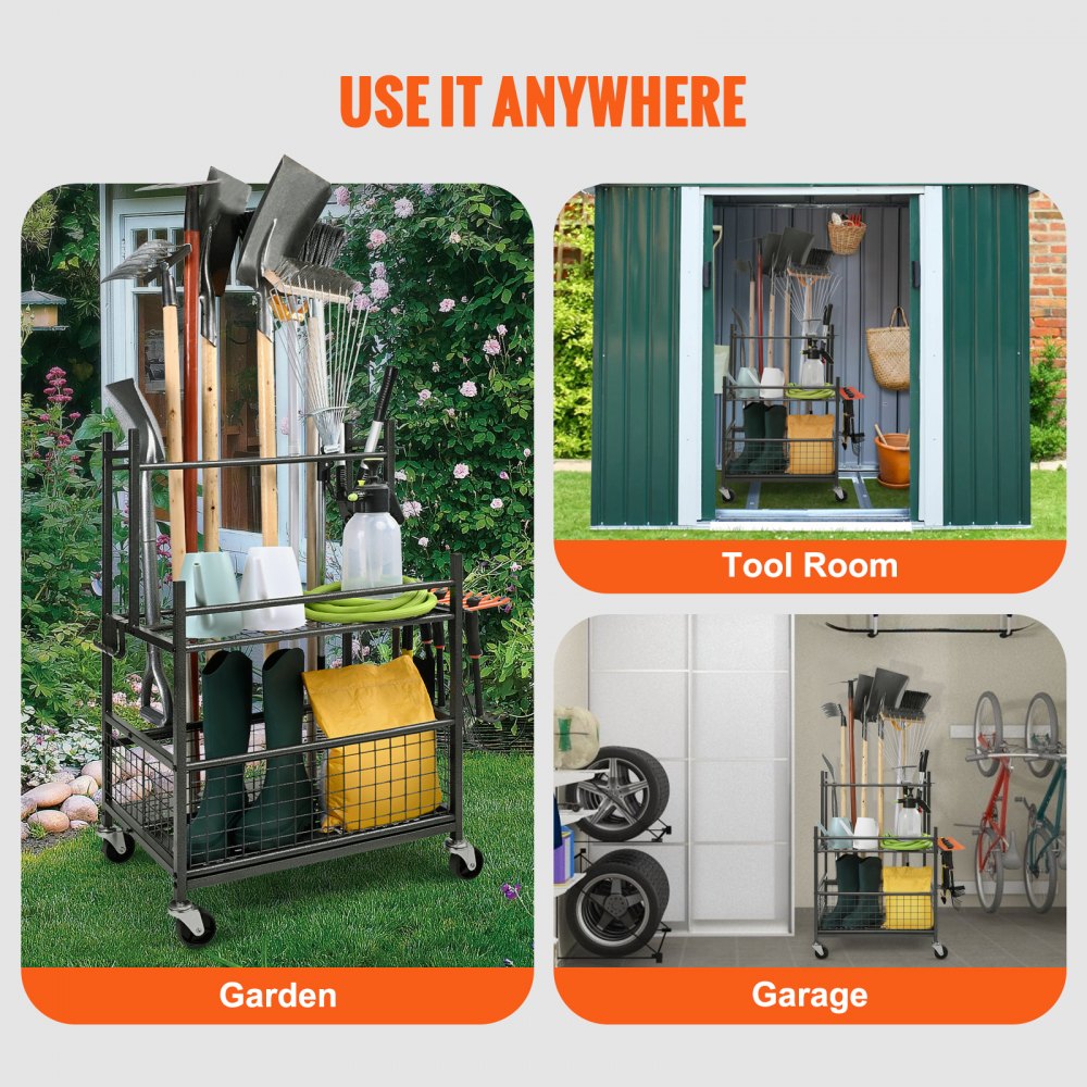 Garden Tool Organizer, 16 Slots with Hooks, Yard Tool Tower Rack with Wheels for Garage Organization and Storage, Hold Long-Handled Tool/Rake/Broom, Metal Tool Stand Holder for Shed, Outdoor