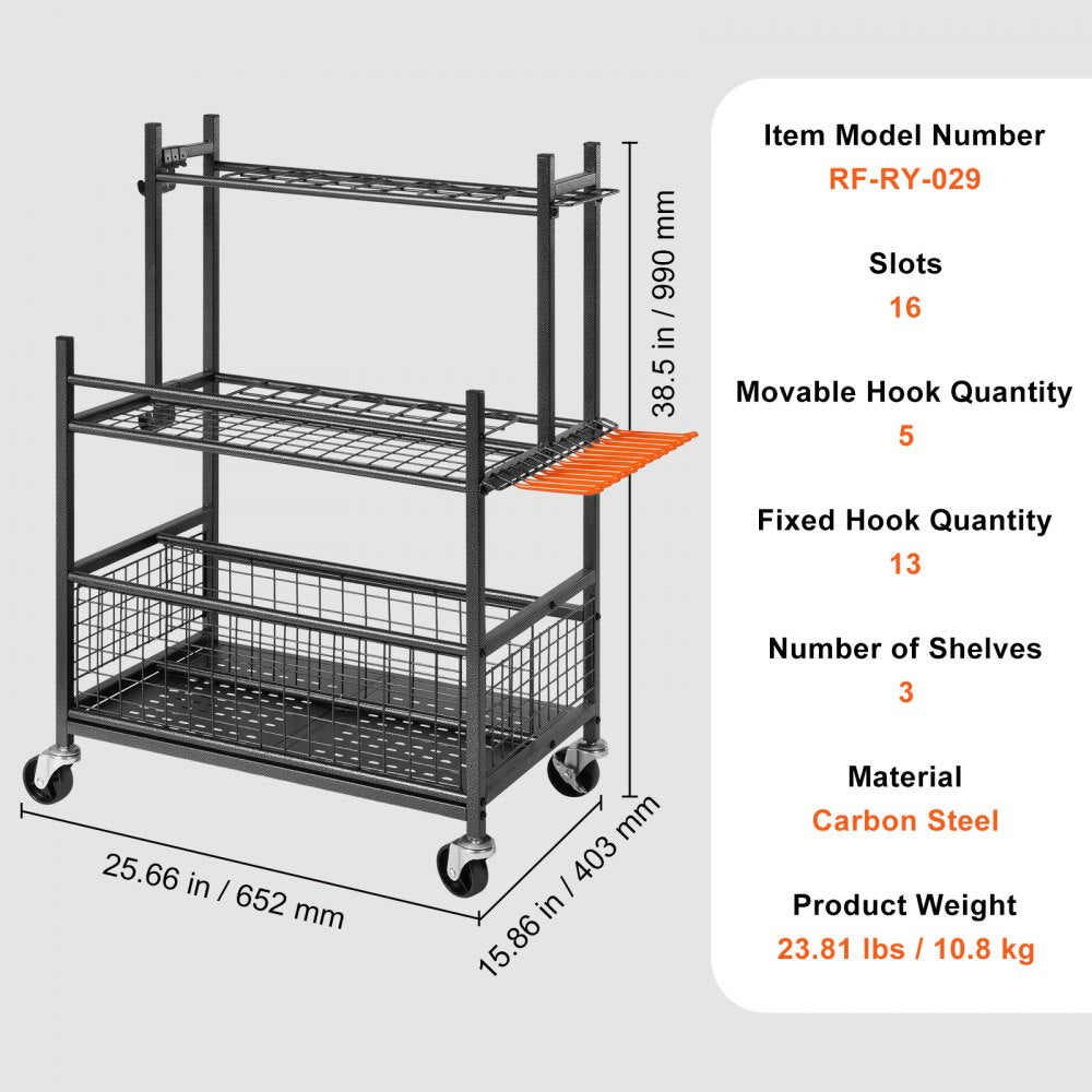Garden Tool Organizer, 16 Slots with Hooks, Yard Tool Tower Rack with Wheels for Garage Organization and Storage, Hold Long-Handled Tool/Rake/Broom, Metal Tool Stand Holder for Shed, Outdoor