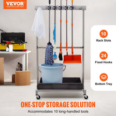 Garden Tool Organizer, 10 Slots with Hooks, Yard Tool Tower Rack with Wheels for Garage Organization and Storage, Hold Long-Handled Tool/Rake/Broom, Metal Tool Stand Holder for Shed, Outdoor