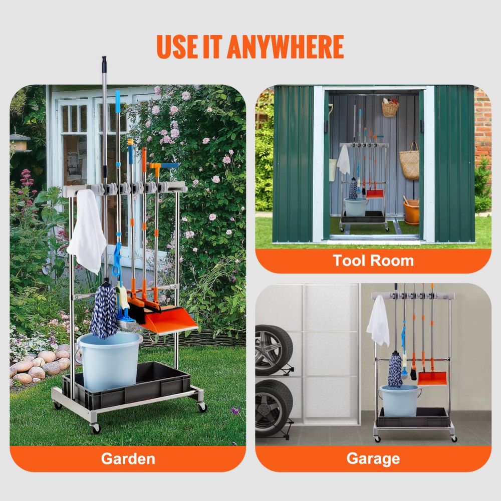 Garden Tool Organizer, 10 Slots with Hooks, Yard Tool Tower Rack with Wheels for Garage Organization and Storage, Hold Long-Handled Tool/Rake/Broom, Metal Tool Stand Holder for Shed, Outdoor