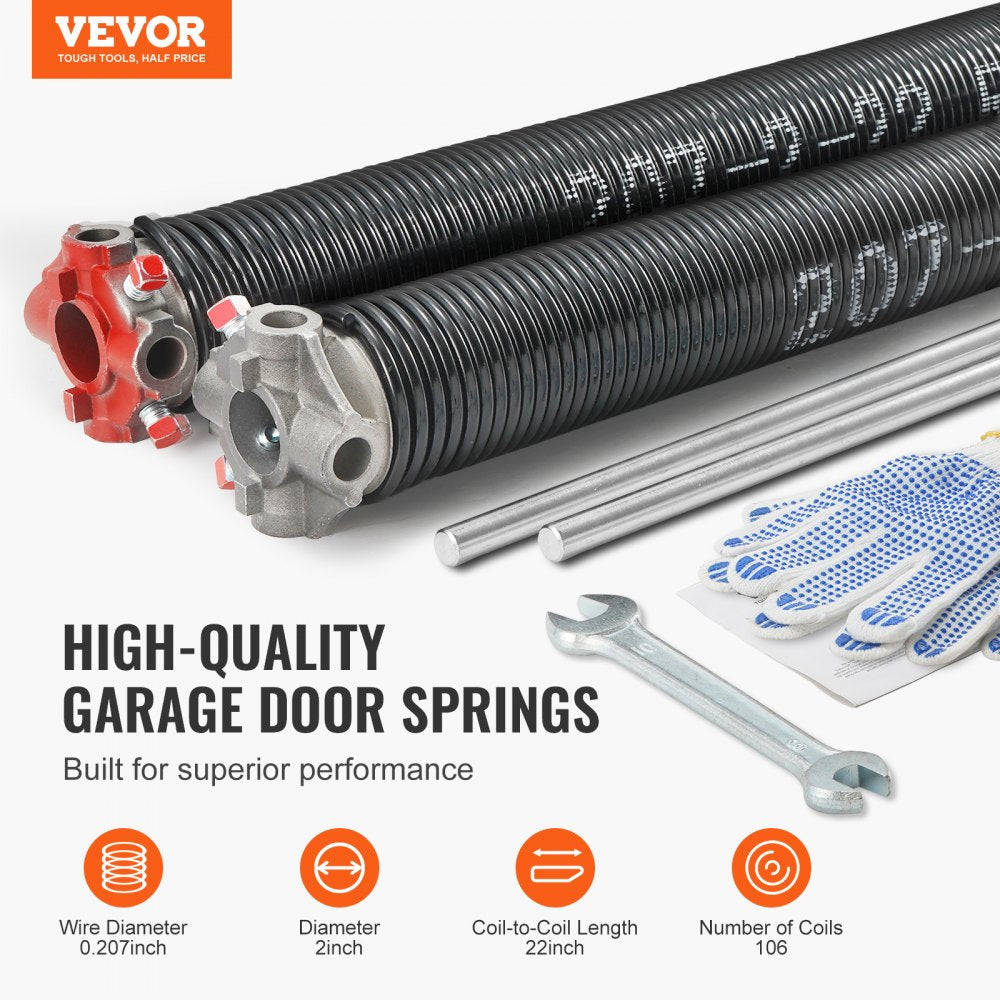 Garage Door Torsion Springs, Pair of 0.207 x 2 x 22inch, 16000 Cycles, Garage Door Springs with Non-Slip Winding Bars, Gloves and Mounting Wrench, Electrophoresis Coated for Replacement