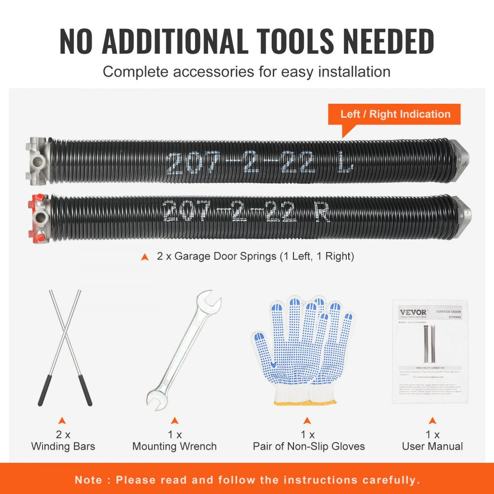 Garage Door Torsion Springs, Pair of 0.207 x 2 x 22inch, 16000 Cycles, Garage Door Springs with Non-Slip Winding Bars, Gloves and Mounting Wrench, Electrophoresis Coated for Replacement