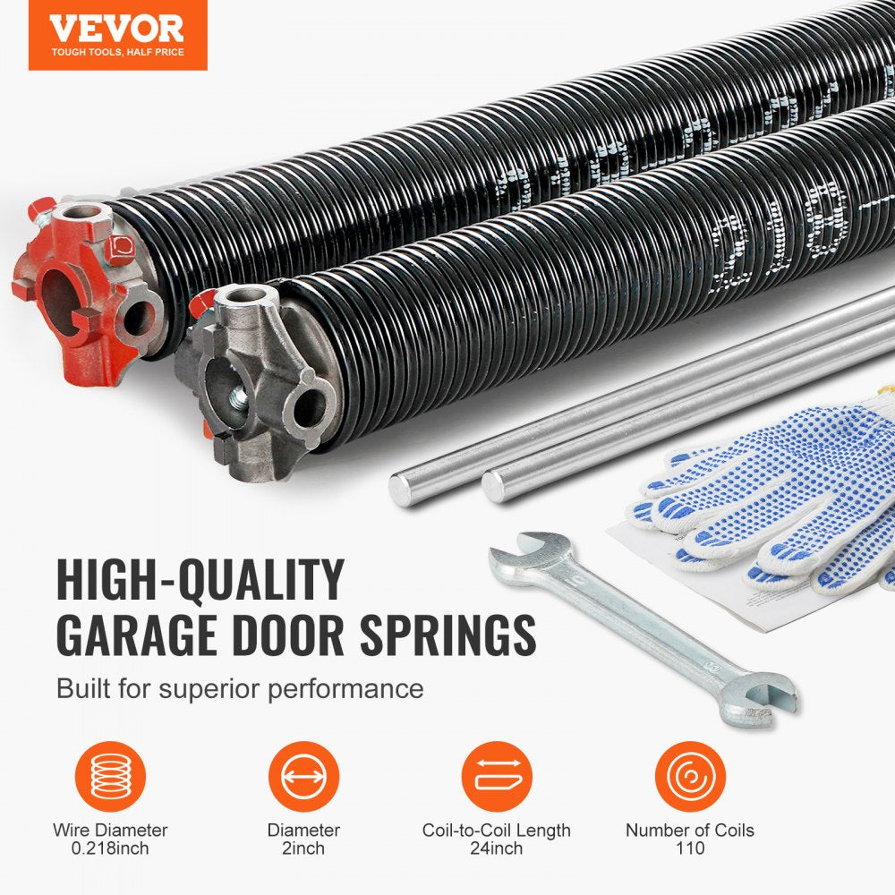 Garage Door Torsion Springs, Pair of 0.218 x 2 x 24inch, Garage Door Springs with Non-Slip Winding Bars, 16000 Cycles, Gloves and Mounting Wrench, Electrophoresis Coated for Replacement