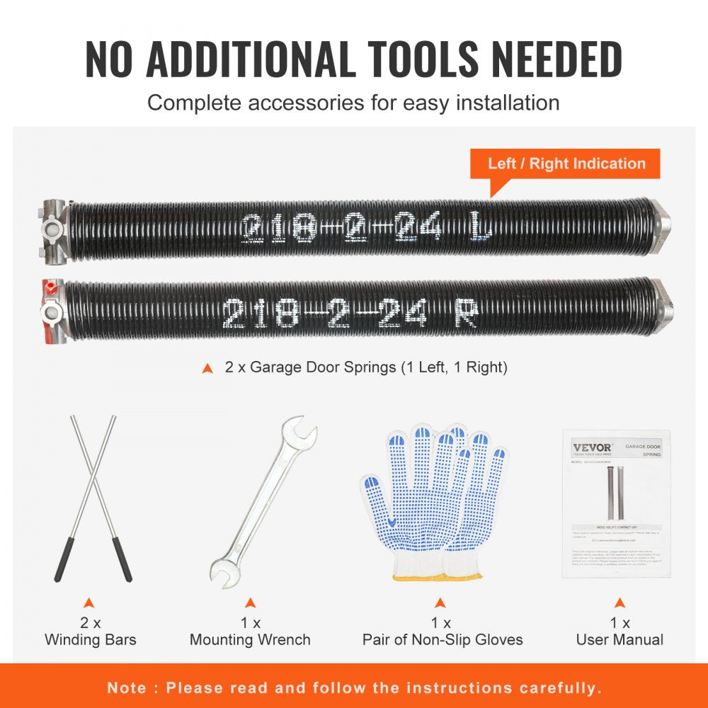 Garage Door Torsion Springs, Pair of 0.218 x 2 x 24inch, Garage Door Springs with Non-Slip Winding Bars, 16000 Cycles, Gloves and Mounting Wrench, Electrophoresis Coated for Replacement