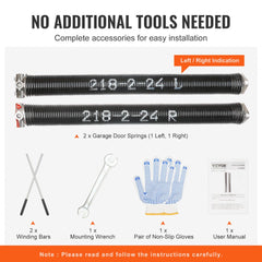 Garage Door Torsion Springs, Pair of 0.218 x 2 x 24inch, Garage Door Springs with Non-Slip Winding Bars, 16000 Cycles, Gloves and Mounting Wrench, Electrophoresis Coated for Replacement