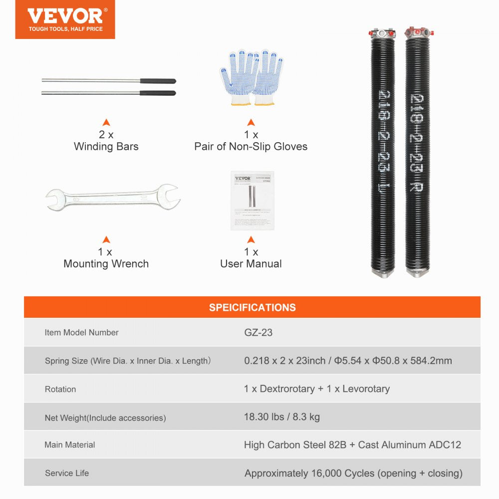Garage Door Torsion Springs, Pair of 0.218 x 2 x 23inch, Garage Door Springs with Non-Slip Winding Bars, 16000 Cycles, Gloves and Mounting Wrench, Electrophoresis Coated for Replacement