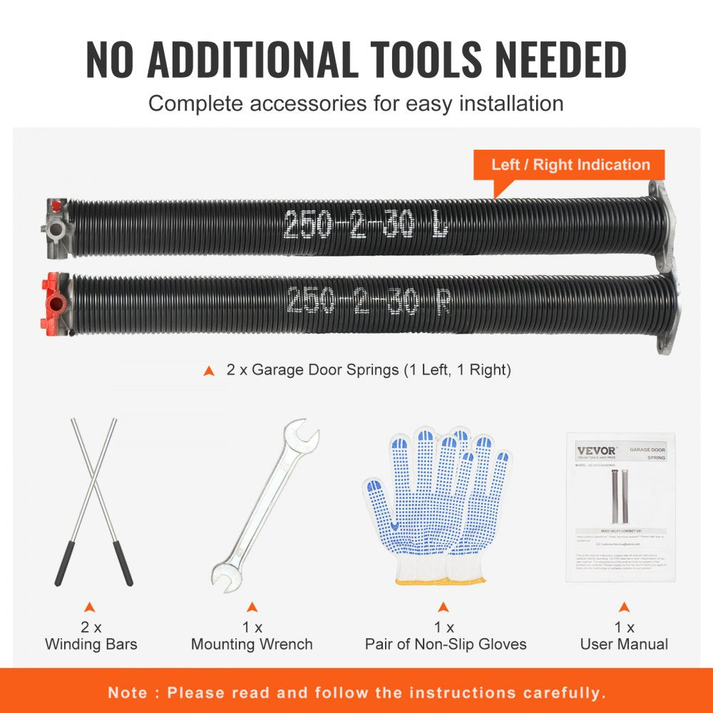 Garage Door Torsion Springs, 16000 Cycles, Pair of 0.25 x 2 x 30inch, Garage Door Springs with Non-Slip Winding Bars, Mounting Tool and Gloves, Electrophoresis Coated, for Replacement