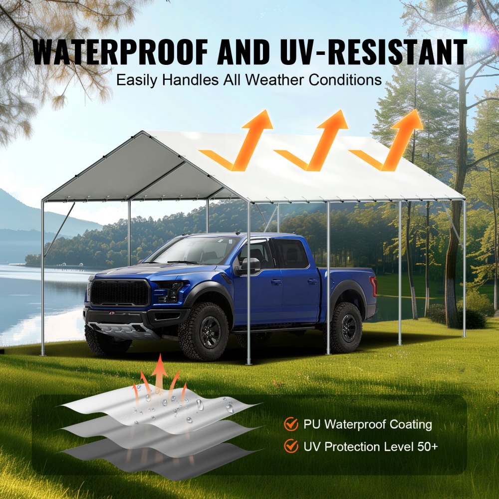 10 x 20 ft Carport Replacement Canopy Cover, Garage Top Tent Shelter Tarp Heavy-Duty Waterproof & UV Protected, Easy Installation with 40 Ball Bungeess (Only Top Cover, Frame Not Include), White