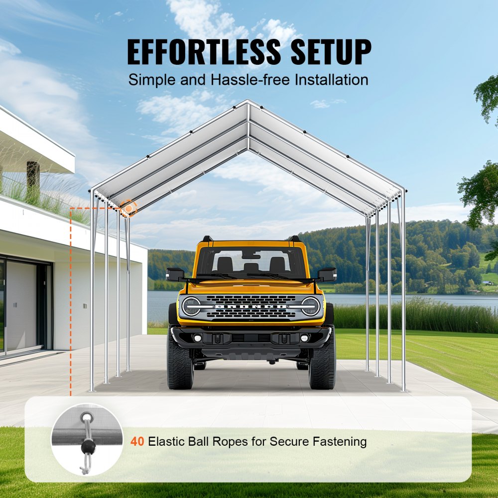 10 x 20 ft Carport Replacement Canopy Cover, Garage Top Tent Shelter Tarp Heavy-Duty Waterproof & UV Protected, Easy Installation with 40 Ball Bungeess (Only Top Cover, Frame Not Include), White