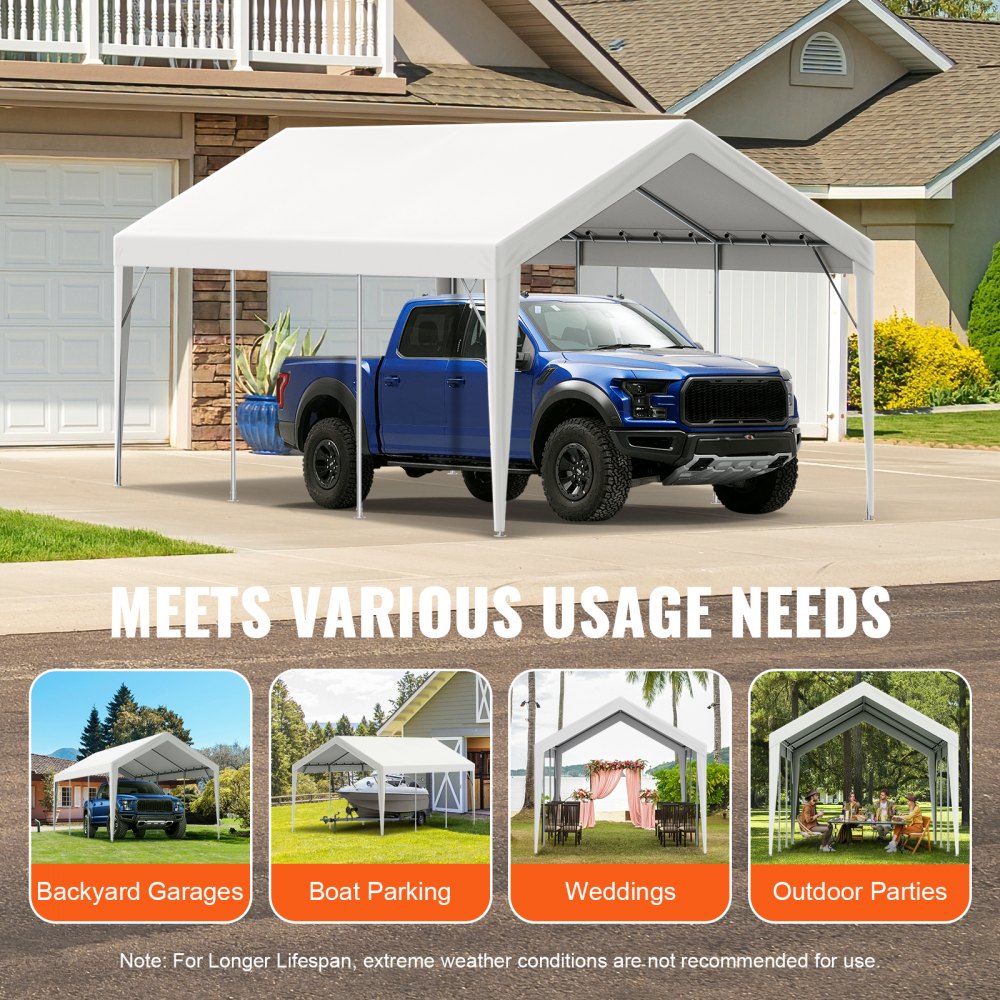 Carport Replacement Canopy Cover 10 x 20 ft, Garage Top Tent Shelter Tarp Heavy-Duty Waterproof & UV Protected, Easy Installation with Ball Bungees,White (Only Top Cover, Frame Not Include)