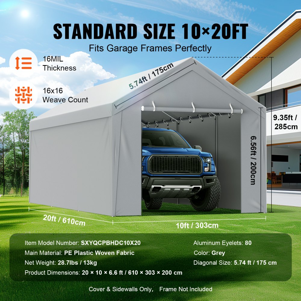 Carport Replacement Canopy Cover Top + Side Wall 10 x 20 ft, Garage Tent Shelter Tarp Heavy-Duty Waterproof & UV Protected, Easy Installation with Ball Bungees,White (Frame Not Included)
