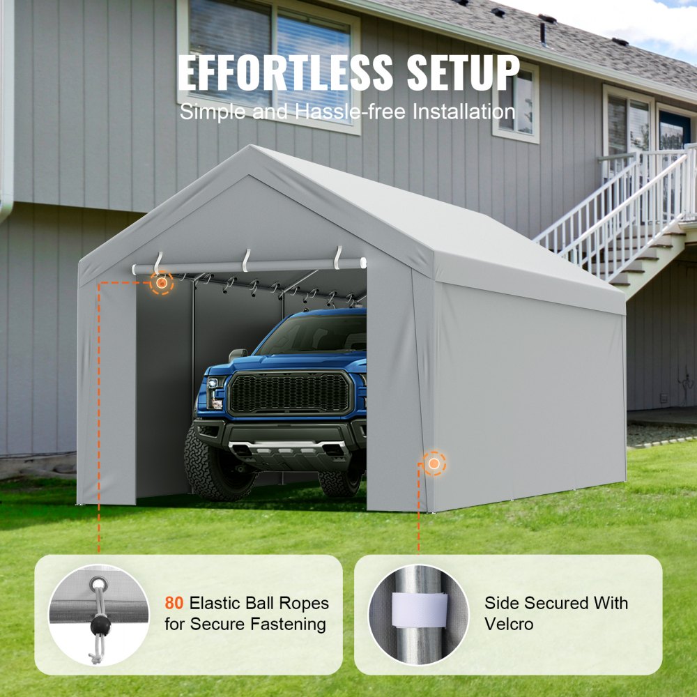 Carport Replacement Canopy Cover Top + Side Wall 10 x 20 ft, Garage Tent Shelter Tarp Heavy-Duty Waterproof & UV Protected, Easy Installation with Ball Bungees,White (Frame Not Included)