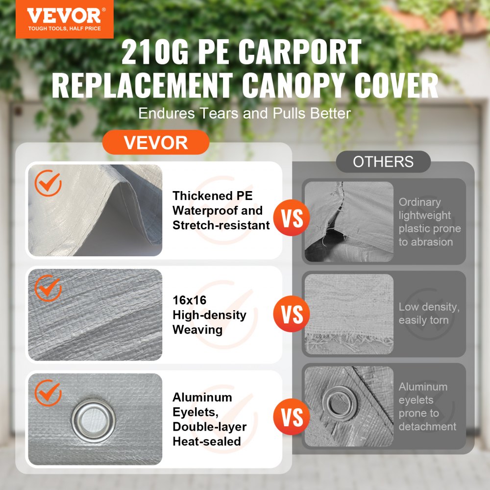 Grey 10x20 ft waterproof UV-protected PE carport canopy cover tarp.
