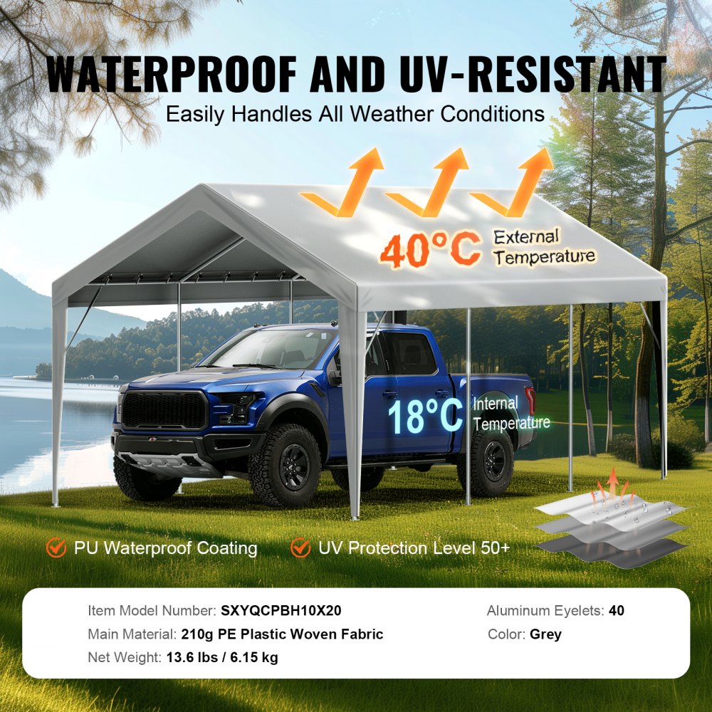 Grey 10x20 ft waterproof UV-protected PE carport canopy cover over a blue pickup truck in outdoor setting.