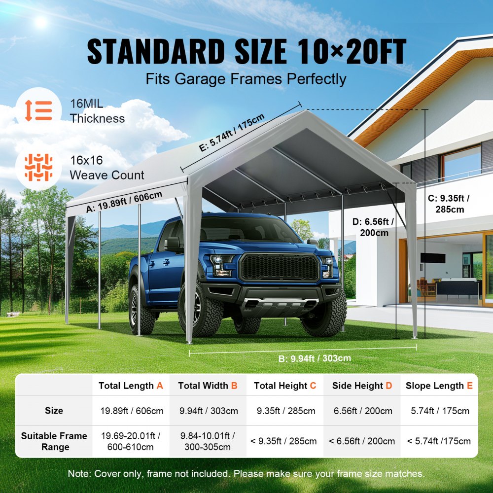 Grey 10x20 ft waterproof UV-protected PE carport canopy cover tarp.