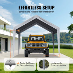 A grey 10x20 ft carport canopy with waterproof UV-protected PE tarp covering a yellow SUV, featuring elastic bungee ropes and leg wraps for stability.