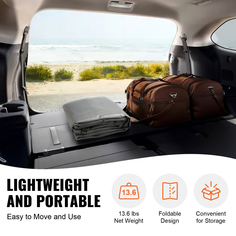 Grey 10x20 ft waterproof UV-protected PE carport canopy cover displayed in a vehicle trunk.