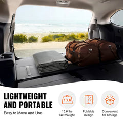 Grey 10x20 ft waterproof UV-protected PE carport canopy cover displayed in a vehicle trunk.