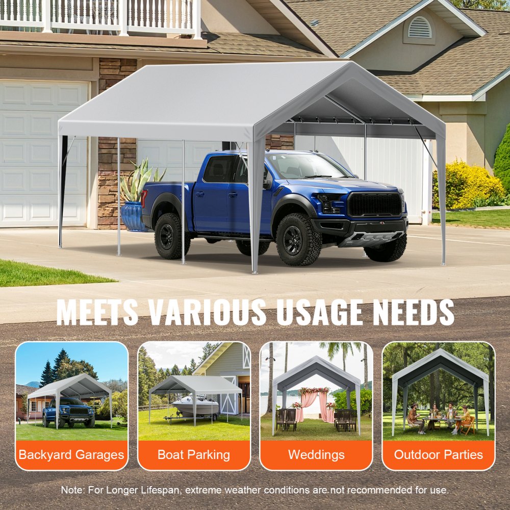 Gray 10x20 ft waterproof UV-protected PE tarp canopy covering a blue pickup truck in a backyard carport.