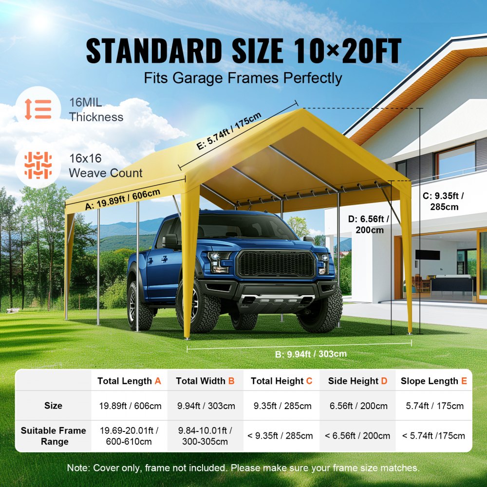 Beige 10x20 ft heavy-duty waterproof PE carport canopy cover for garage frames.