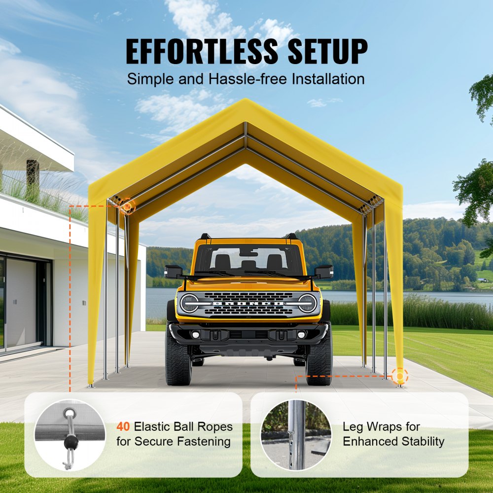Yellow 10x20 ft carport canopy with beige tarp cover, Jeep parked inside, elastic bungees, and leg wraps for stability.