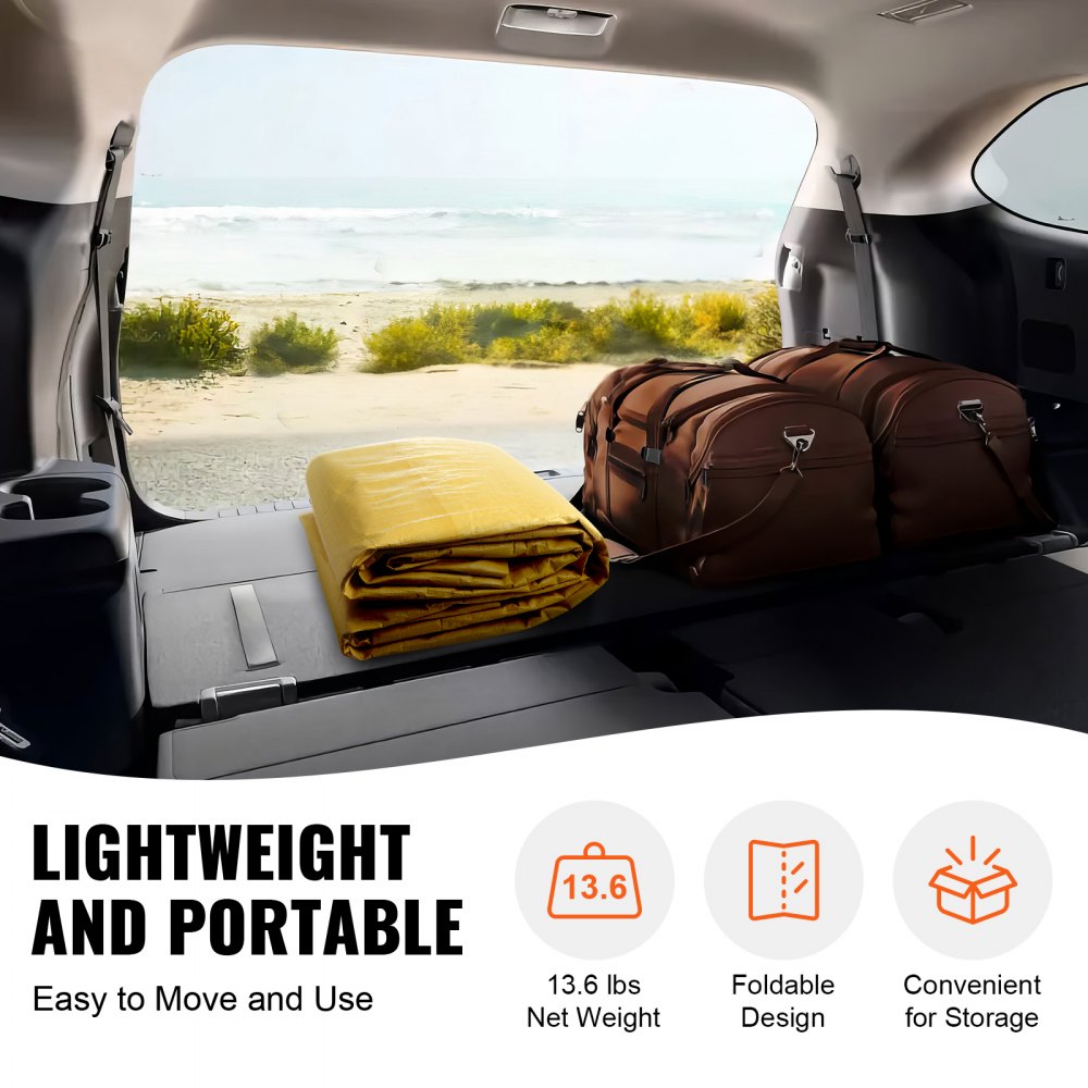 Beige 10x20 ft waterproof PE tarp canopy cover for carport, shown folded in SUV trunk.