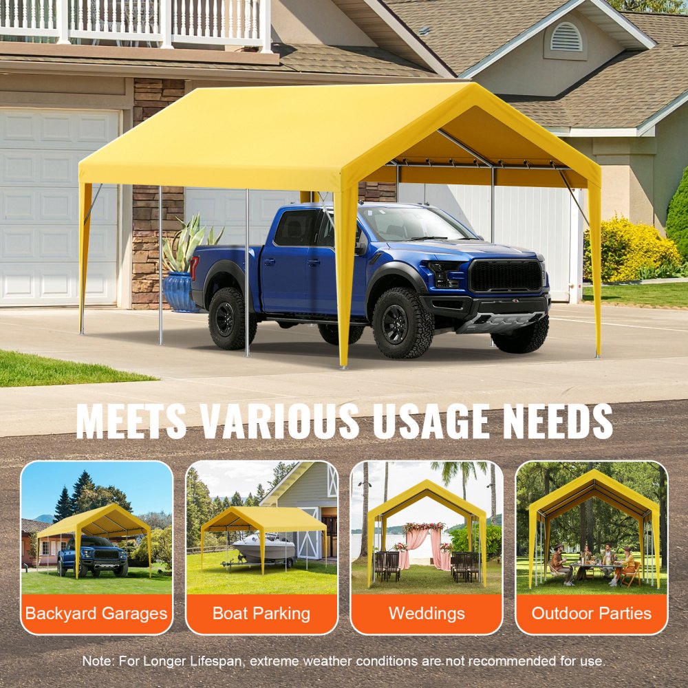 Yellow 10x20 ft canopy sheltering a blue pickup truck in a backyard, with insets showing uses for garages, boats, weddings, and parties.