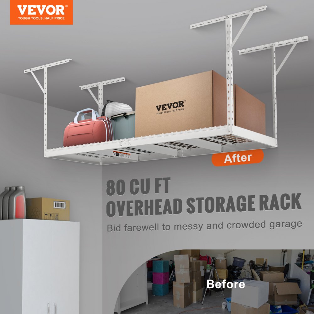 Overhead Garage Storage Rack, 3x8 Garage Ceiling Storage Racks, Heavy Duty Adjustable Cold Rolled Steel Racks for Garage Storage, Organization, 600 lbs Load Capacity, 22``-40" (White)
