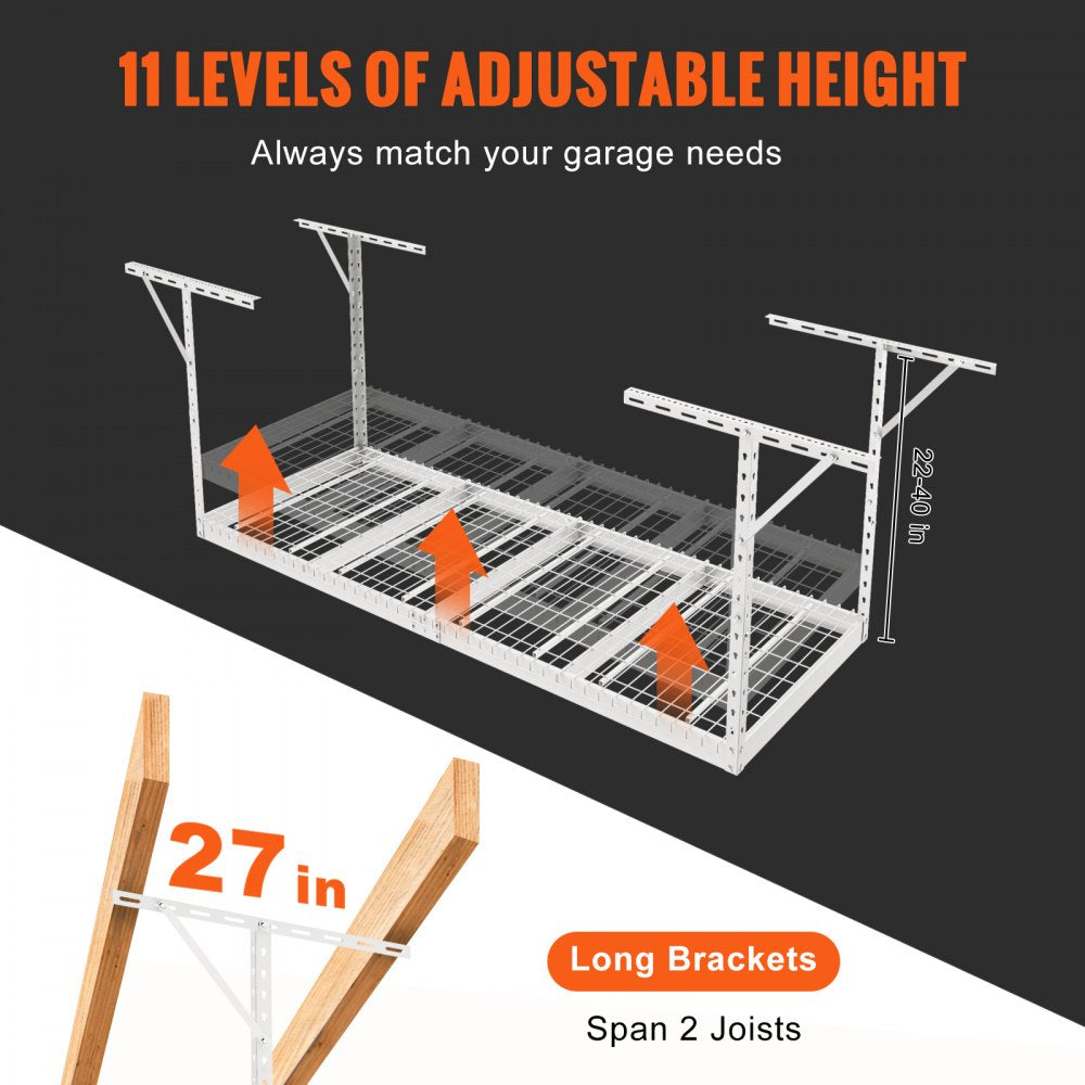 Overhead Garage Storage Rack, 3x8 Garage Ceiling Storage Racks, Heavy Duty Adjustable Cold Rolled Steel Racks for Garage Storage, Organization, 600 lbs Load Capacity, 22``-40" (White)