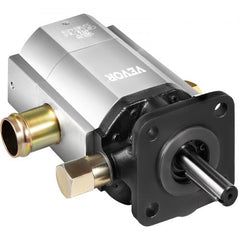 Silver 2-stage hydraulic log splitter pump with brass fittings and black mounting base.