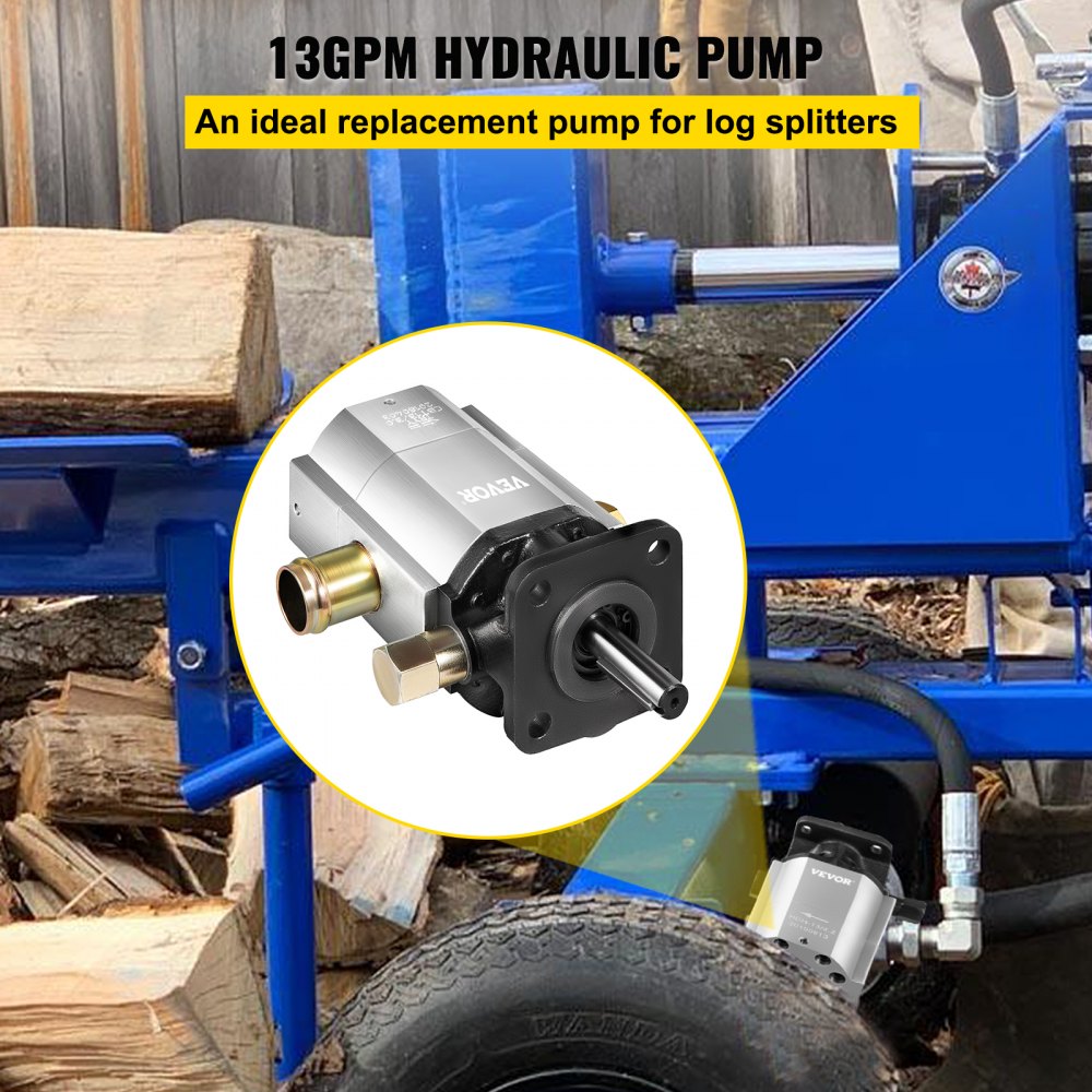 Silver 2-stage hydraulic log splitter pump with 13 GPM flow, mounted on blue splitter frame with logs.