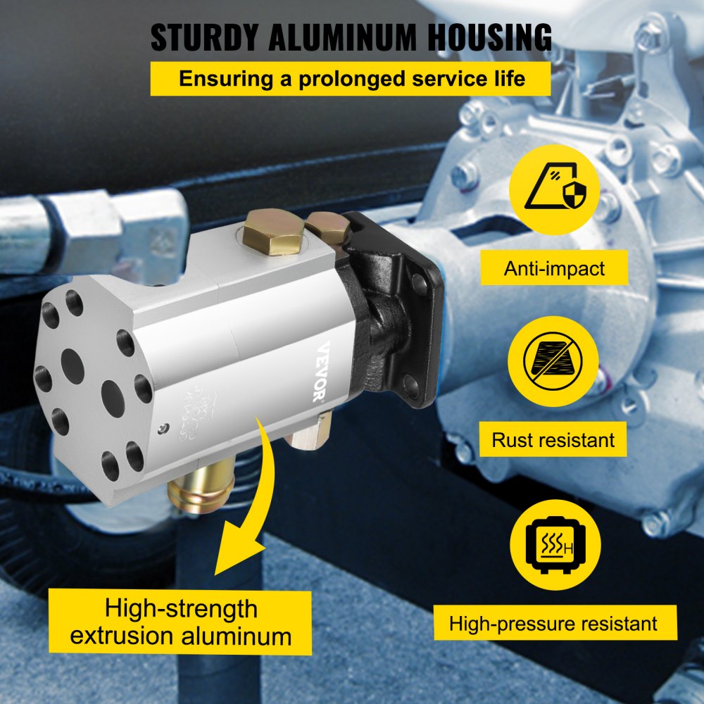 Silver hydraulic pump with sturdy aluminum housing, anti-impact and rust-resistant features.