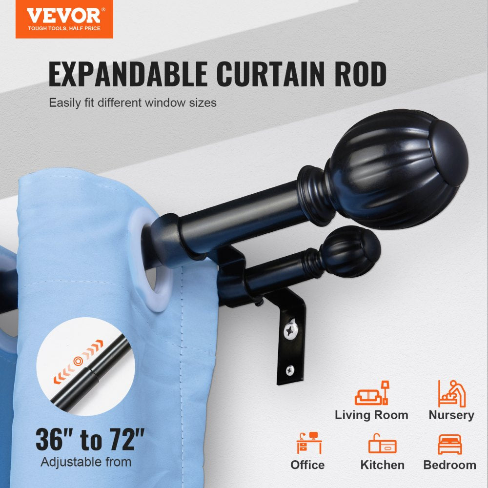 Double Rod Curtain Rods, 36-72 inches(3-6ft) Adjustable Length, Black Double Curtain Rods with Round Finials, 1" and 3/4" Diameter, Double Window Drapery Rod for Sheer and Blackout Curtains