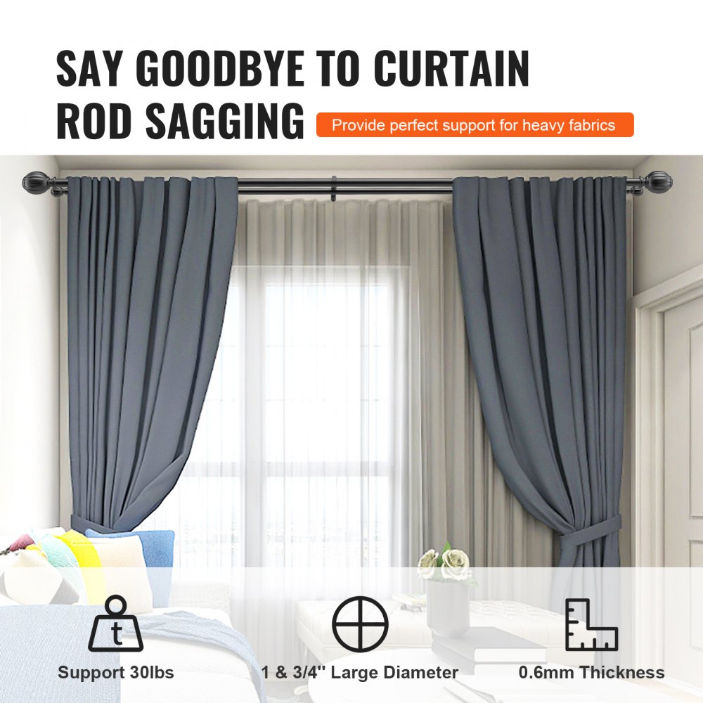 Double Rod Curtain Rods, 36-72 inches(3-6ft) Adjustable Length, Black Double Curtain Rods with Round Finials, 1" and 3/4" Diameter, Double Window Drapery Rod for Sheer and Blackout Curtains
