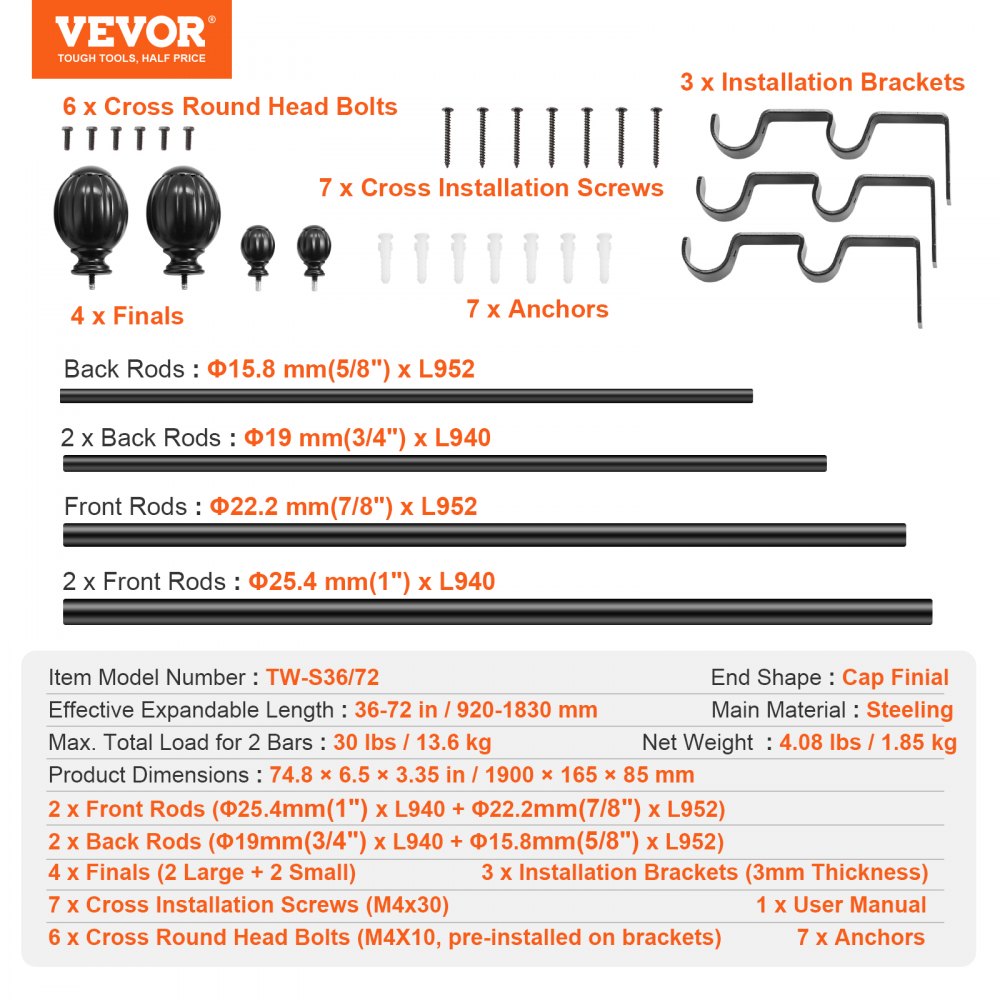 Double Rod Curtain Rods, 36-72 inches(3-6ft) Adjustable Length, Black Double Curtain Rods with Round Finials, 1" and 3/4" Diameter, Double Window Drapery Rod for Sheer and Blackout Curtains