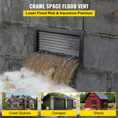 Black zinc-coated steel crawl space flood vent measuring 20"x12" with detachable louvered plate.