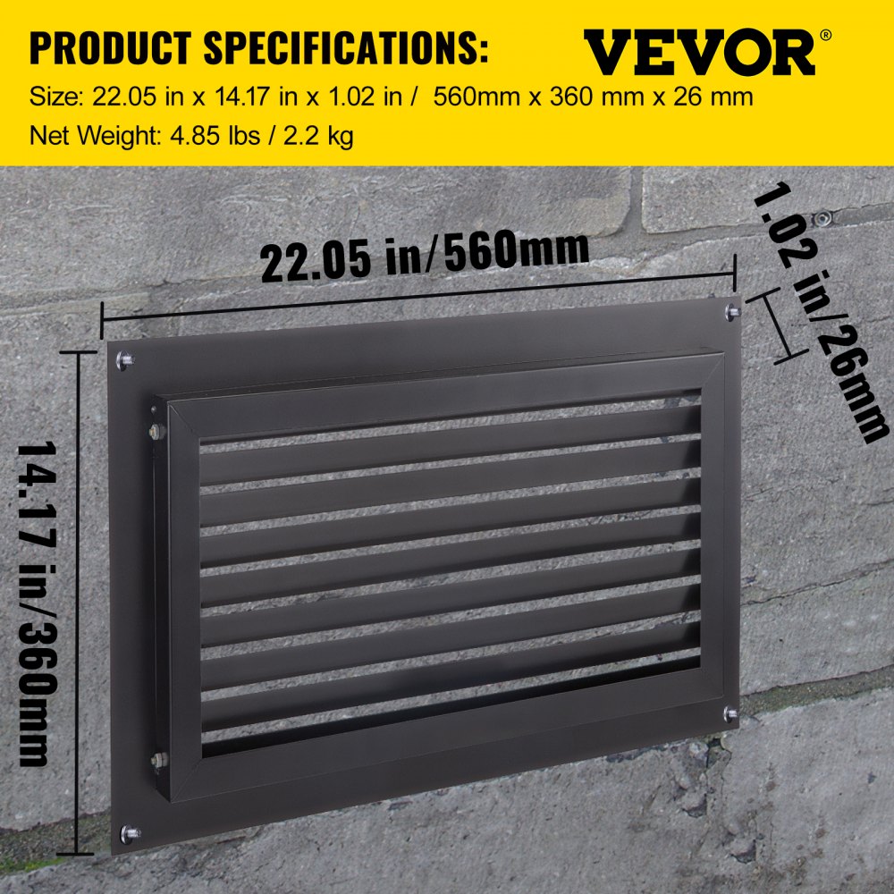 Black zinc-coated steel flood vent measuring 20"x12" with detachable louvered plate.