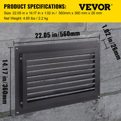 Black zinc-coated steel flood vent measuring 20"x12" with detachable louvered plate.